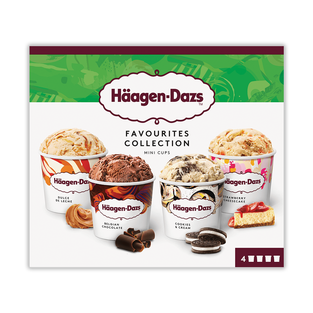 Haagen Dazs Minicup Favourites Collection Multipack including Dulce De Leche, Belgian Chocolate, Cookies & cream, and Strawberry cheesecake; front of package